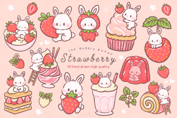 Download Kawaii Bunny Strawberry Dessert Clipart - Premium Bundle